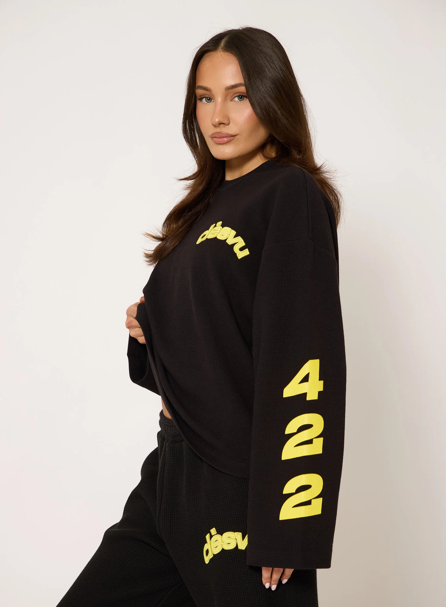 Heavyweight Waffle Tee Long Sleeve - Black - Image 3